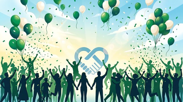 Green crowd celebrating, confetti and balloons, joyful people, festive atmosphere, party illustration