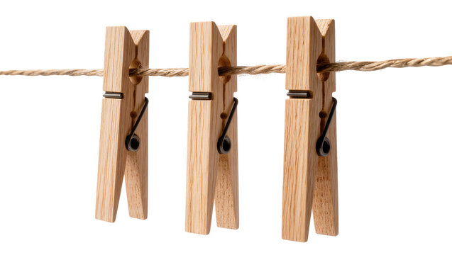 Three wooden clothespins attached to a rough twine rope, isolated on transparent background