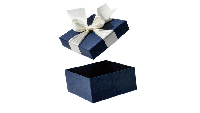 Open navy blue gift box with white ribbon bow, isolated on transparent background