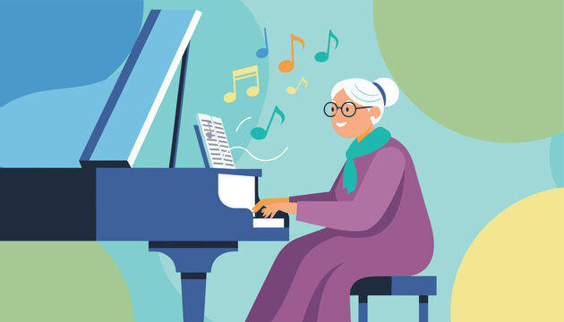 Happy senior woman with grey hair wears glasses and plays a grand piano while colorful musical notes float in the air.