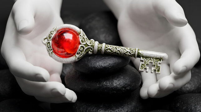 Symmetrical 3D design showing an ornate antique key with red gemstone held by hands over pebbles