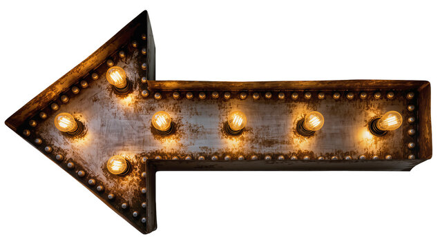Rustic metal arrow sign with illuminated bulbs, isolated on transparent background