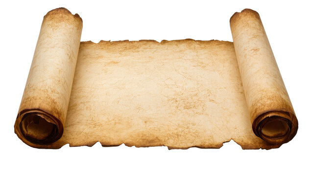 Unrolled aged parchment scroll with burnt edges, isolated on transparent background