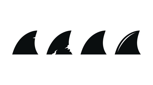 Four distinct shark fin silhouettes featuring jagged edges and smooth shapes in a minimalist vector style