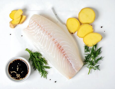 Raw white fish fillet with ginger slices dill and soy sauce on white background.