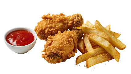 Crispy golden fried chicken legs with french fries and ketchup, isolated on transparent background © Viktor