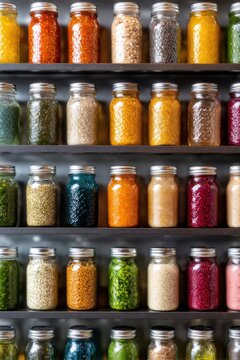 Organized spice jar shelf with assorted colorful seasonings for kitchen label design and culinary background use