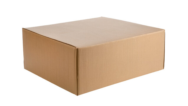 Brown corrugated cardboard box closed and empty, isolated on transparent background