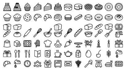 Naklejka premium cake, outline, dessert, bakery, cupcake, pastry, pie, tart, muffin, donut, cookie, slice, birthday, wedding, candle, sweet, frosting, editable, stroke, icon, vector, collection, minimal, isolated, bak