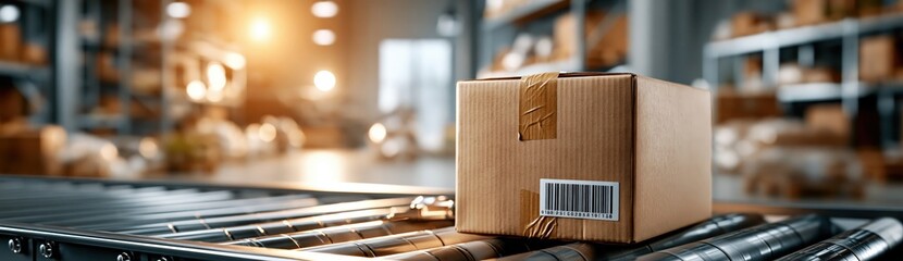 Obraz premium Cardboard Package with Barcode Label on Conveyor Belt in Warehouse, Logistics and Shipping Image Concepts with Copy Space