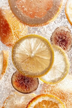 Closeup citrus slices and figs in sparkling water with bubbles for beverage background, refreshing drink ad, summer menu, packaging and healthy food design