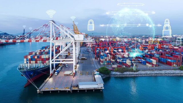 Global smart cargo port network digital earth hologram. Secure maritime logistics, container ships, and cybersecurity in global supply chain. Industry internet of things at sunset.