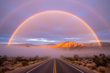 Obraz premium Double rainbow appears above asphalt desert road at sunrise. Thick fog covers dry valley floor near mountains. Scenic route stretches into horizon under colorful light. Bright atmospheric phenomena