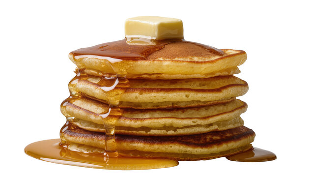 Stack of golden pancakes with melting butter and dripping syrup, isolated on transparent background