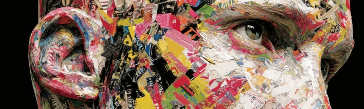 Image of a man ' s face with a lot of torn paper creative portrait
