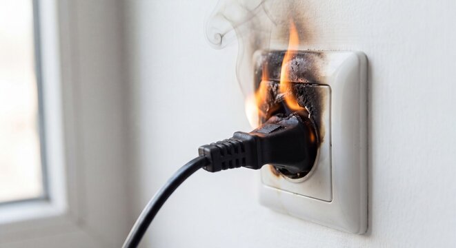 Burning electrical outlet with a plugged in cord with electricity overload warning danger hazard safety damage smoke flame fire risk