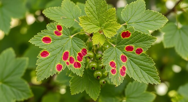 Red blister galls on green currant leaves caused by aphid infestation in garden.