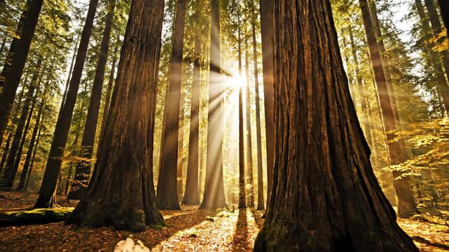 Sunlight through redwood trees over mossy logs and mushrooms