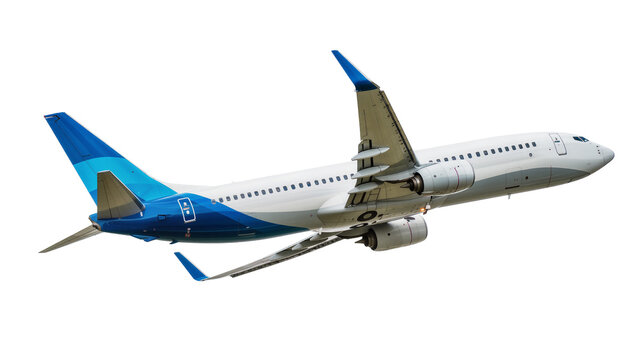 Modern white and blue jet airplane in flight, isolated on transparent background