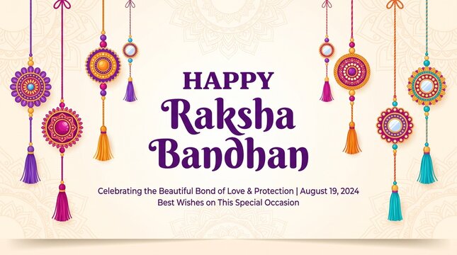 Elegant Raksha Bandhan greeting card design featuring hanging rakhis on light beige background. Colorful festive template for Rakhi festival celebration. 