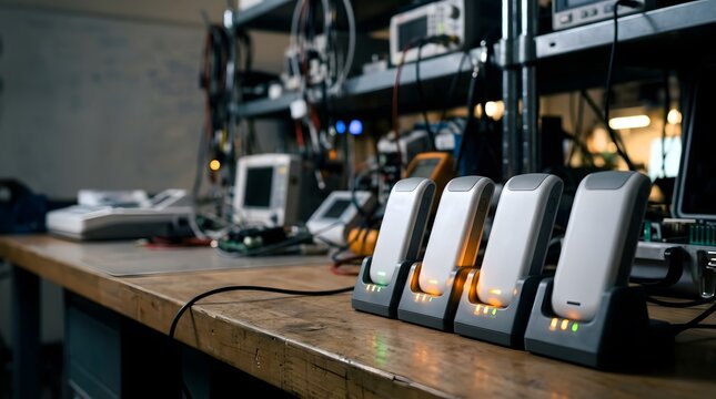 multiple wireless ecg recorders charging in illuminated docking stations inside biomedical engineering laboratory for hospital fleet management