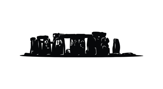 Stonehenge monument depiction in black silhouette against a white background silhouette