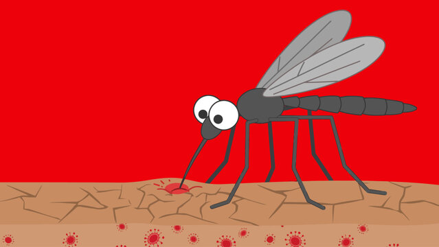 Cartoon mosquito sucking blood on cracked earth against red background