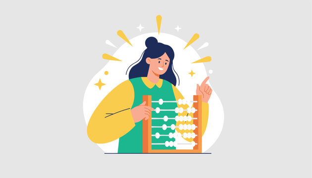 Smiling woman using a traditional wooden abacus tool for mental calculation and mathematical learning in a classroom.