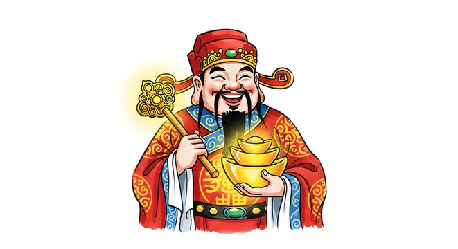 Smiling Chinese God of Wealth Caishen holding golden ingot and scepter for prosperity