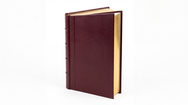 A single vintage dark red book with gold pages standing up