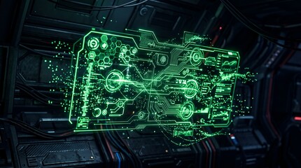 Fototapeta premium Glowing green futuristic digital interface shows circuit lines and data analytics in a dark environment.
