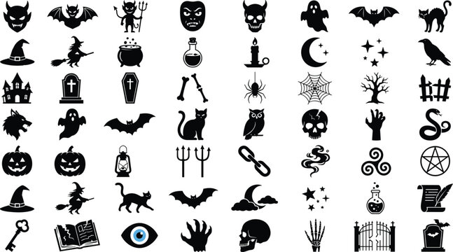 Spooky Halloween Silhouette Icon Set Mega Bundle Featuring Evil Devil Masks Witchcraft Potions Haunted Houses Ghosts Pumpkins Skulls Bats and Creepy Occult Symbols