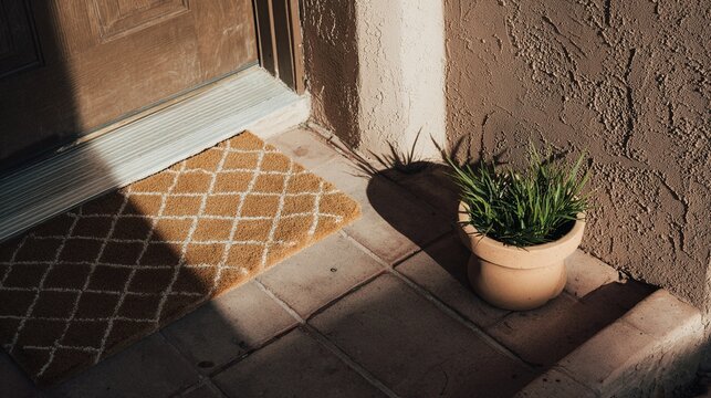 porch. A cozy home entrance featuring a welcome mat and potted plant, radiating warmth and hospitality. lifestyle magazines.