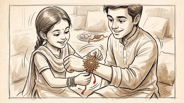 Watercolor illustration of hands tying a rakhi on wrist for raksha bandhan.
