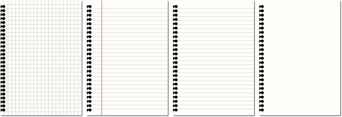 Spiral notebook paper set with 4 blank pages, realistic lined and grid paper textures, white notepad sheets for school and office stationery design © Ali