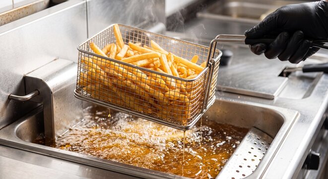 Fries being drained in a commercial kitchen with hand black glove holding basket fries over deep fryer french fries restaurant culinary potatoes cooking frying
