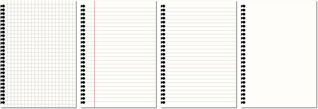 Spiral notebook paper set with 4 blank pages, realistic lined and grid paper textures, white notepad sheets for school and office stationery design