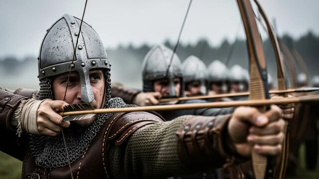 Close view of armored archers lined up in rain, drawing bows tense concentration