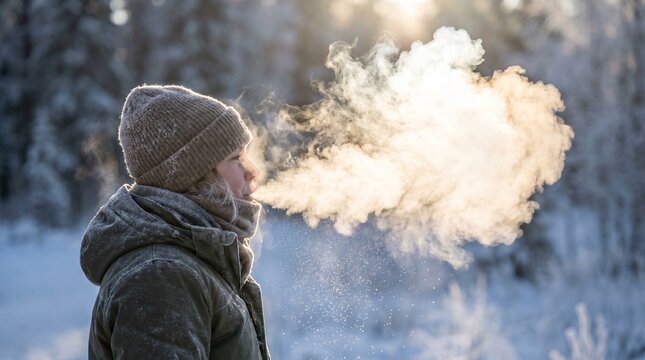 Woman blowing warm breath vapor in freezing cold winter snowy forest