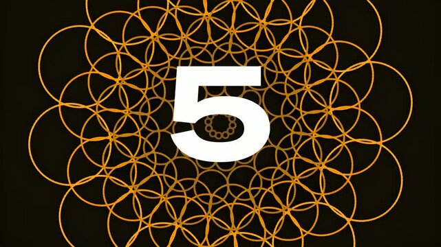 Geometric pattern with number five in golden circles on black background