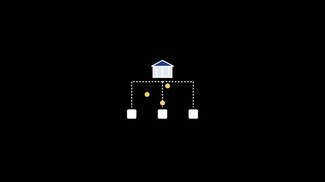 Banking institution distributing gold coins into digital accounts through a flowchart animation in this clean minimalist motion graphics video footage