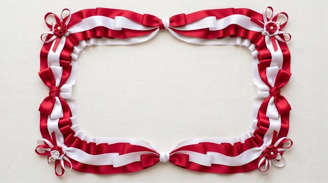 Elegant red and white ribbon frame border. Decorative festive holiday wreath loop design for invitations and crafts.