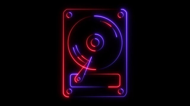glowing neon Hard disk drive icon isolated on black background. HDD symbol with Technology and data storage filled symbol. 4k video animation.