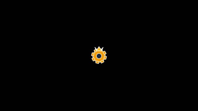 Orange gear icon with a crown rotating in a smooth looping animation against a solid dark black background video footage