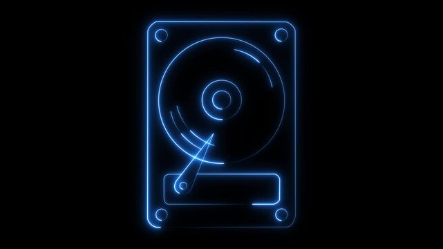 glowing neon Hard disk drive icon isolated on black background. HDD symbol with Technology and data storage filled symbol. 4k video animation.