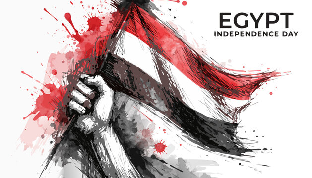 Egypt Independence Day watercolor illustration, hand holding Egyptian flag with red paint splashes, patriotic national holiday celebration SVG isolated on White Background