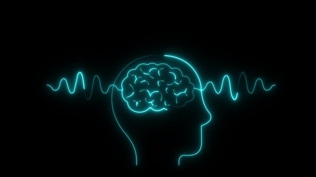 glowing neon Human brain scan icon with wave lines on black background. Pulse wave in study neurology. Brain scan captures neurology insights with wave of impulse, reflecting mind and health status.