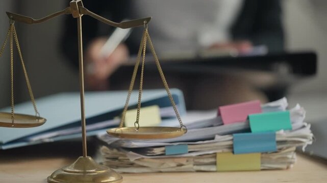 Large Stack of Legal Case Files Awaiting Review with Justice Scales in Law Office