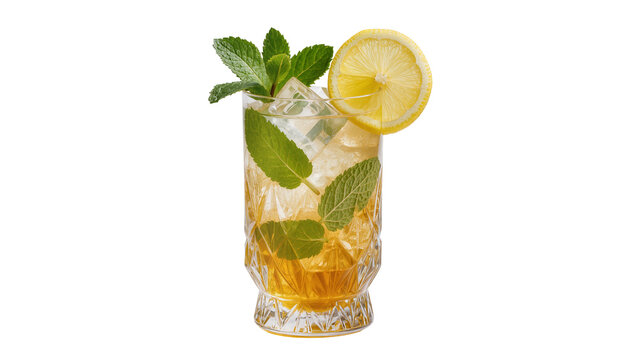 Tall glass of iced tea with mint and lemon slice, isolated on transparent background