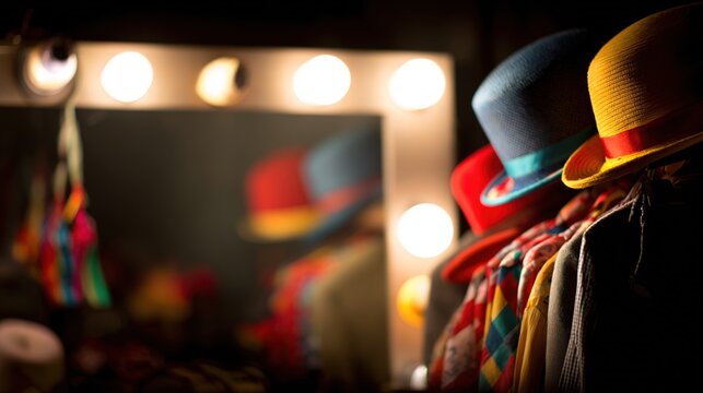 actor. Dressing room mirror surrounded by colorful costumes and hats with soft backlighting. lifestyle magazines, social media lookbooks, designed for lifestyle magazines and social media content.